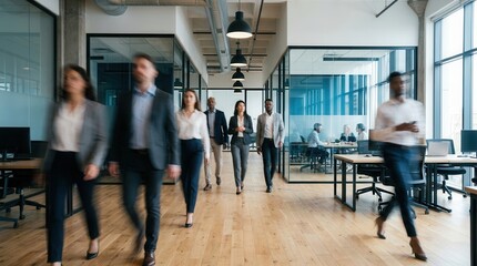 Fototapeta premium A concept of busy business people walking in a modern open space office environment.