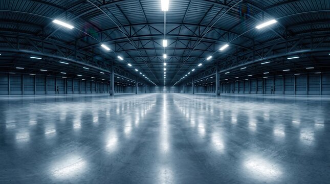 Industrial warehouse hangar interior featuring spotlights and a seamless 360 degree panorama.