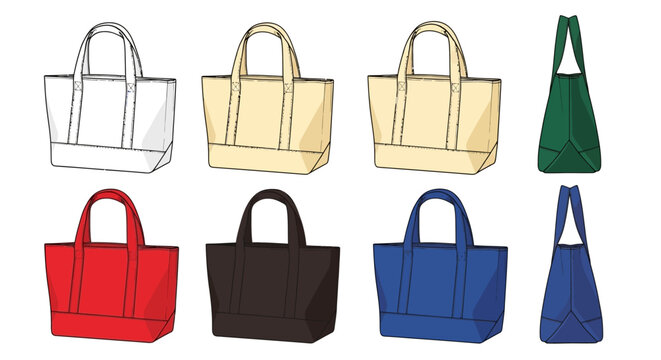 A collection of different colored tote bags displayed in a grid format, showcasing their various designs and functionalities for everyday use