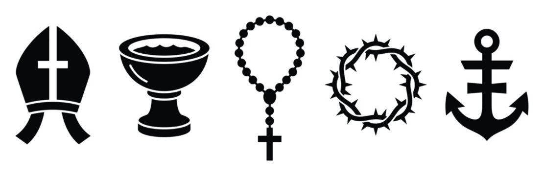 Set of essential Christian religious symbols featuring a bishops mitre chalice rosary beads crown of thorns and a symbolic anchor for spiritual education and church communications