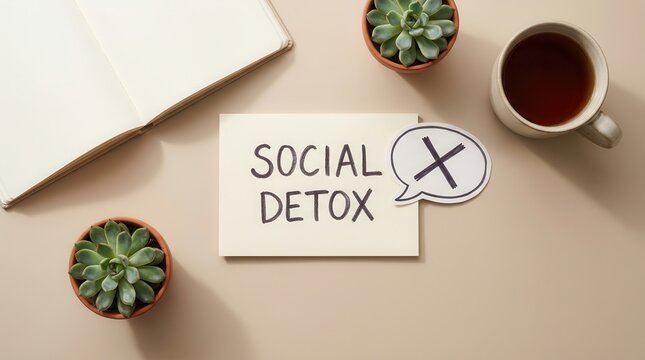 An intentional reduction of screen time represented by a social detox note and relaxing items.