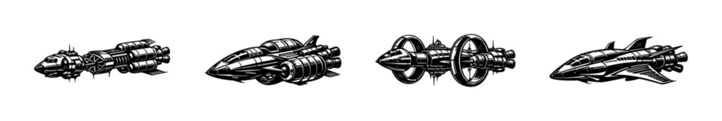 Futuristic spaceship illustrations set featuring sci-fi rocket, spacecraft, black and white vector elements © UnIcons