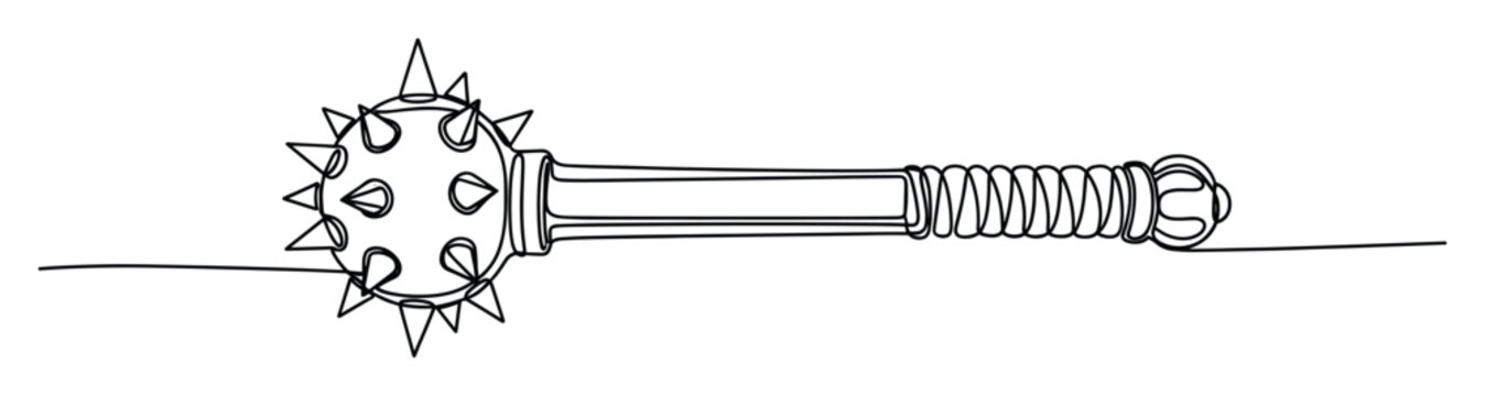 A menacing medieval mace weapon with a spiked head and wrapped handle, created in a continuous single line for historical displays, game assets, or impactful graphic branding designs.