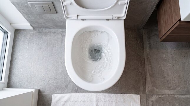 Toilet bowl with water flowing during flush in modern bathroom seen from top view