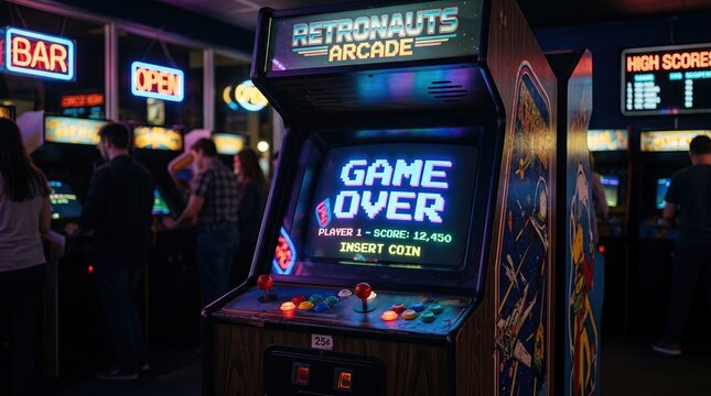 Vintage arcade machine with game over screen glowing in neon lights and retro gaming atmosphere