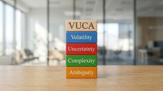 Modern business challenges symbolized by VUCA management blocks on an office desk.