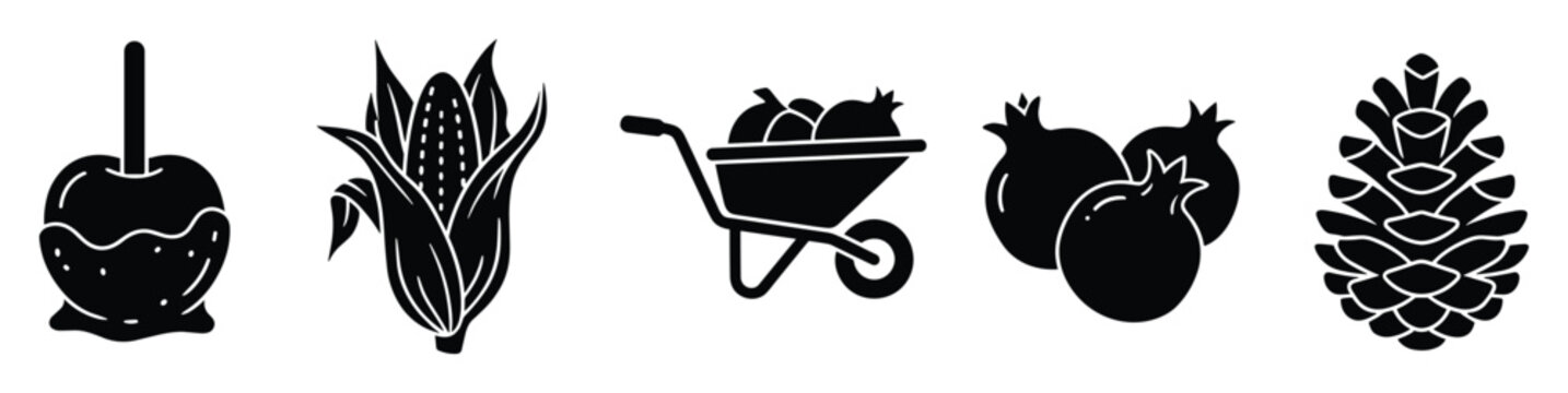 Collection of fall season harvest symbols and autumn holiday elements including a festive candy apple fresh corn garden wheelbarrow with produce sweet pomegranates and a natural pinecone