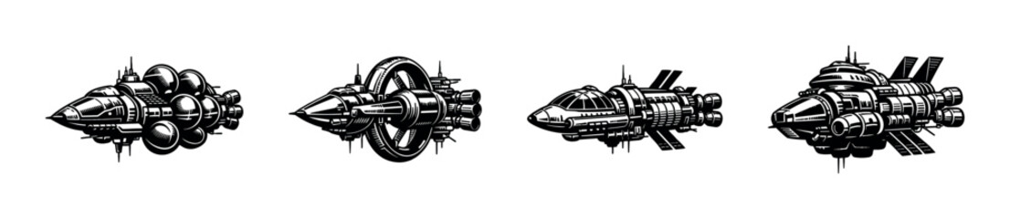 Futuristic spacecraft designs vector illustration set featuring four detailed spaceship silhouettes © UnIcons