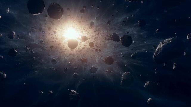 Stunning view of asteroids floating in space illuminated by a distant sun. Represents the vastness and mystery of the universe, perfect for science and exploration themes