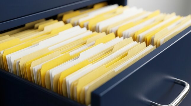 Business management and archiving concept featuring yellow and white file folders in a blue filing cabinet drawer.
