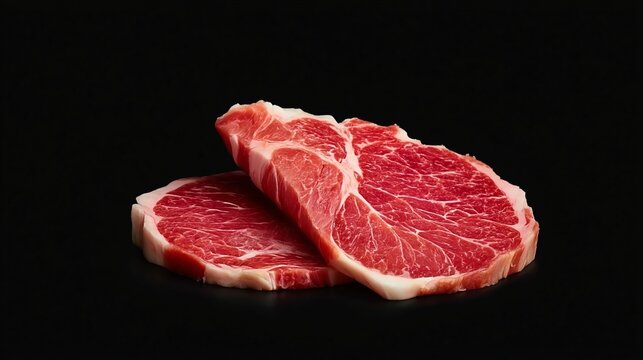 Two pieces of raw marbled beef steak displayed on a black background, showcasing rich red color and distinct fat marbling patterns for culinary presentation
