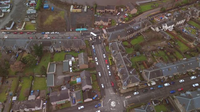 Stirling Scotland, residential part of town next to Forth River drone flyover in the Scottish highlands
