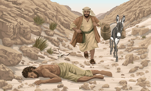 The Good Samaritan running towards a wounded man on an isolated mountain road.  Biblical illustration depicting the Parable of the Good Samaritan as told in Luke 10.