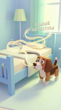 Low poly beagle dog sniffing a bed for pests. Conceptual representation of canine bed bug detection services. Ideal for pest control marketing and home safety articles.