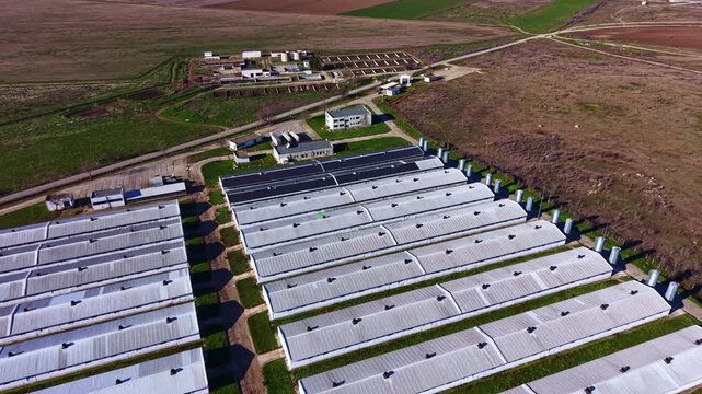 Farming buildings and greenhouses are arranged in rows on the land. Fields stretch out in the background with some structures nearby. The setting is open and sunny.