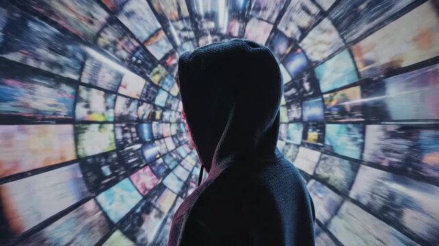 Person in hooded jacket facing digital screens for commercial backgrounds, digital design, and advertising