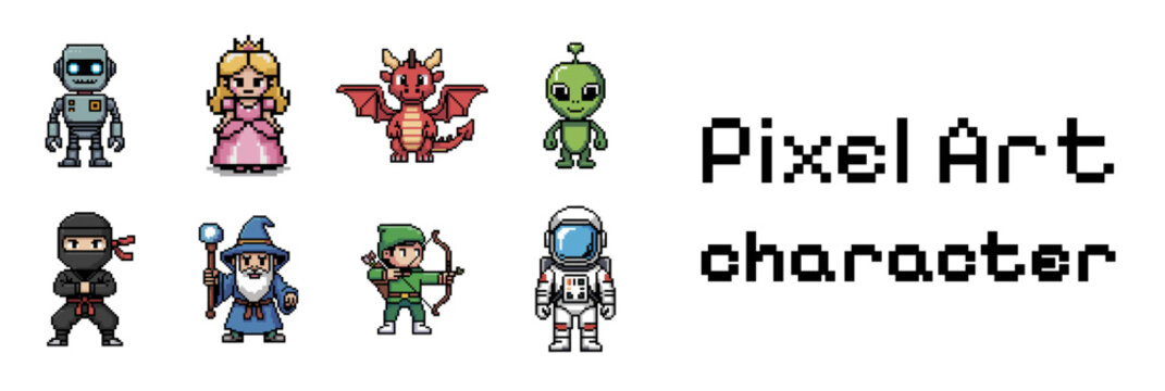 Pixel art game characters collection with retro arcade style heroes and fantasy figures. 8 bit pixel characters including robot, princess, dragon, alien, ninja, wizard, archer and astronaut for video 