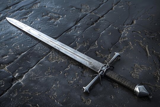 Long medieval sword with crossguard and wrapped handle resting on dark stone surface