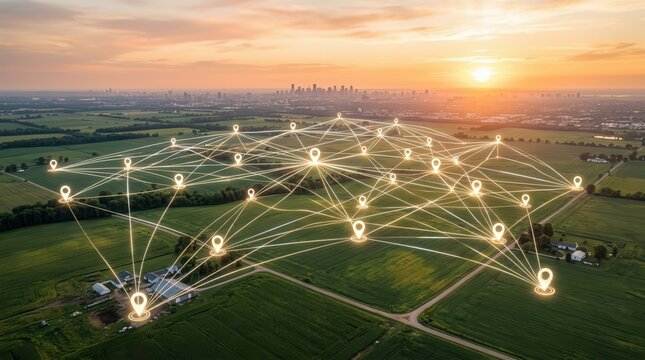 A green landscape featuring illuminated location pin markers and connecting network lines for logistics concepts.
