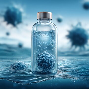 A glass bottle submerged in water, showcasing microscopic elements.