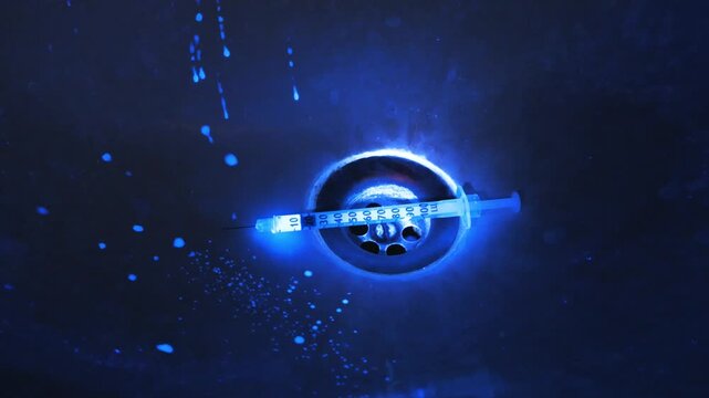 Ultraviolet light from a forensic tool scanning over a discarded syringe and revealing fluorescent blood splatters and biological stains in a grimy bathroom sink, a crime scene concept