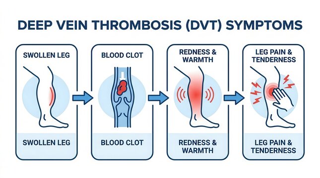 Medical diagram showing deep vein thrombosis symptoms for healthcare training and thrombosis awareness.