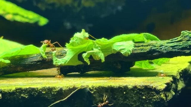 Leafcutter ants Atta cephalotes from family Formicidae order Hymenoptera class Insecta carrying leaf fragments showing cooperative foraging behavior in tropical ecosystem, static macro close up shot