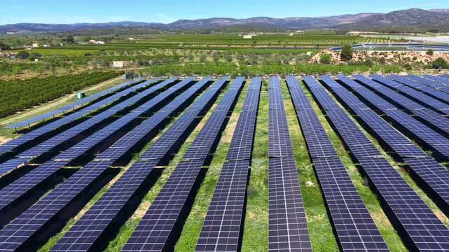 Large-scale solar farm in Spain with rows of photovoltaic panels mounted on fixed-tilt racking systems, surrounded by green vegetation and mountains under a clear blue sky
