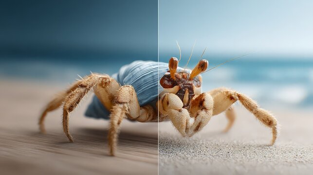A hermit crab on the beach with a blue shell, vibrant coastal scene.