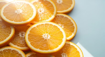 Fototapeta premium Freshly Sliced Oranges Background Top View Healthy Citrus Fruits Grouped Together on a Light Blue Surface