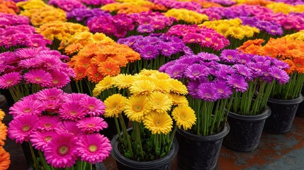 Fototapeta premium Colorful Gerbera Daisies in Pots