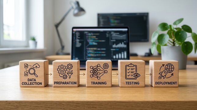 Stages of an artificial intelligence development pipeline illustrated on wooden blocks.