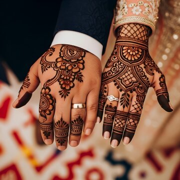 Traditional Indian wedding henna, intricate mehndi designs on bride and groom hands, cultural marriage ceremony with gold rings and ethnic jewelry