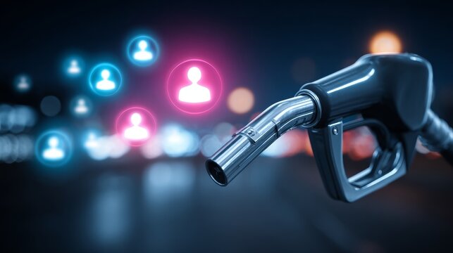 Symbolic illustration of escalating gas rates. Connected people concept. A shift in perception: fuel nozzle and arrow reflection. Online network map. Networked people design.