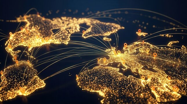 Digital world map featuring global shipping routes and connected distribution tracking points.