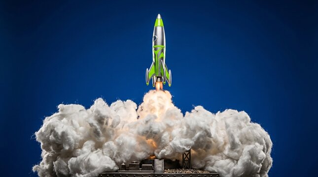 Metallic silver and neon green toy rocket launches upwards on a massive plume of white cotton-like smoke against a solid deep blue sky.