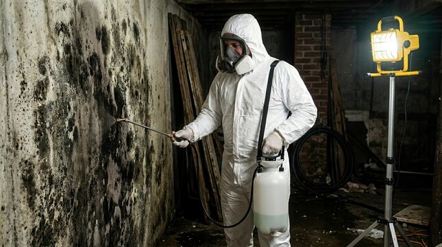 Worker wearing protective equipment and safety protocol gear for mold remediation.