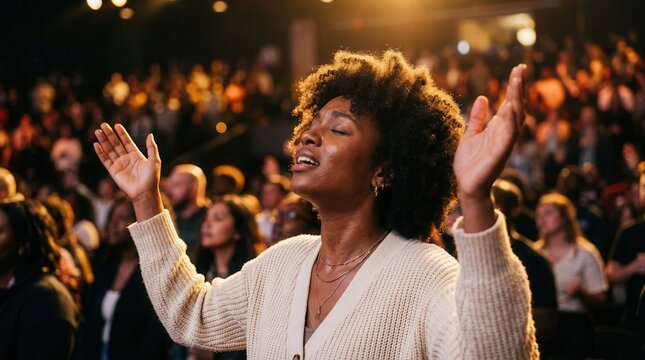 A black woman in prayerful worship at a live concert event or religious gathering.
