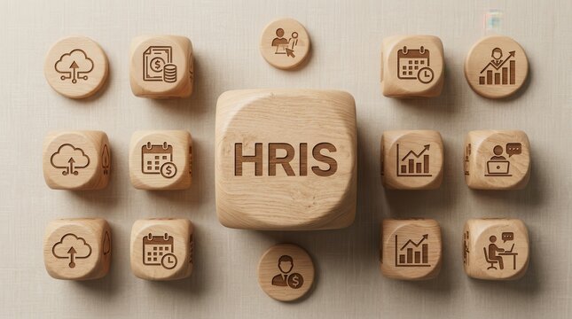Workforce management and HRIS concept featuring wooden dice blocks with employee, cloud, and calendar icons.