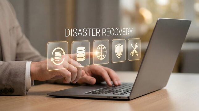 professional typing laptop disaster recovery digital interface data backup security protection cloud server web maintenance safety information network management cyber strategy