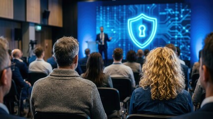 Obraz premium Business professionals at a data protection workshop observing a glowing blue security icon.