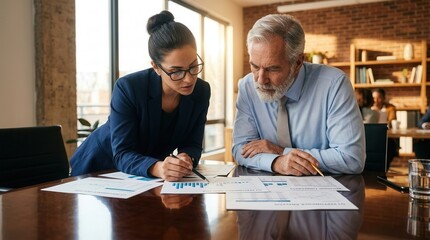 Fototapeta premium Financial analysis concept showing business colleagues reviewing documents during a meeting.