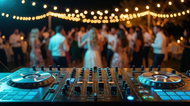DJ mixer equipment in focus with a blurred party crowd and festive string lights at night.