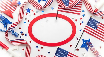 Obraz premium Festive fourth of july flatlay with american flags and red circle frame