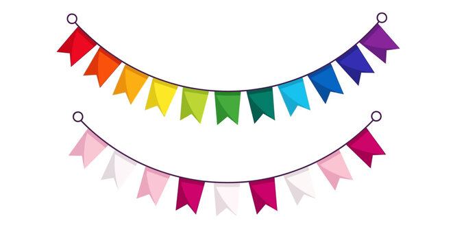 Festive bunting flags in rainbow and pink colors creating a joyful and celebratory atmosphere for parties and events