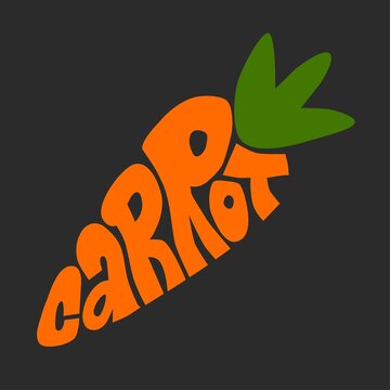 Carrot silhouette typography vector illustration. Words carrot forming vegetable shape. Calligram style. Art print. Vector illustration. Print for poster, t-shirt print, branding and packaging. Minima