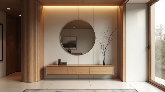 Interior de entrada moderno, mesa consola flotante, espejo redondo, decoraci&oacute;n de pared minimalista