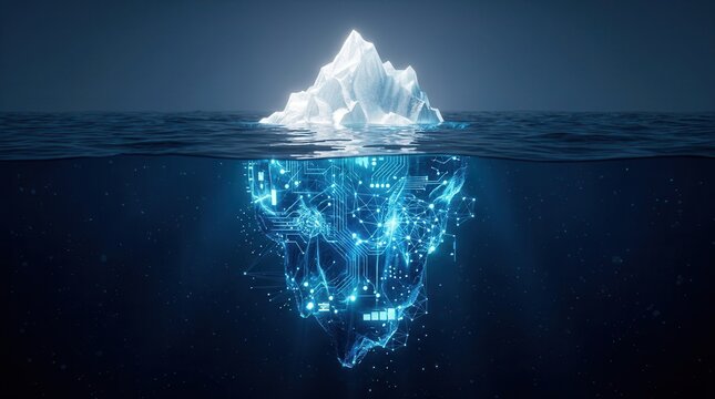 A digital iceberg in a dark blue sea showing data connection and information technology concepts.