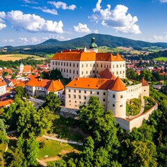Obraz premium Aerial view of a large castle with orange roofs surrounded by trees
