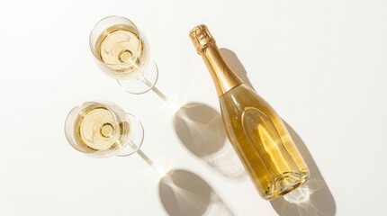 Naklejka premium Summer alcoholic drink concept banner with a golden champagne bottle and two wine glasses in a flat lay style.